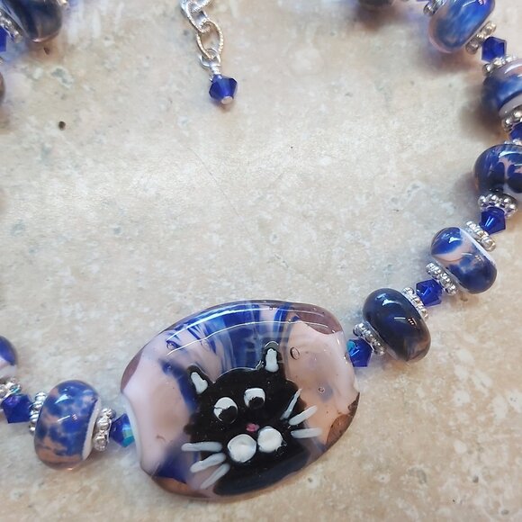 Cat lampwork glass beaded bracelet   sterling 8-91/2" extender - Picture 3 of 3